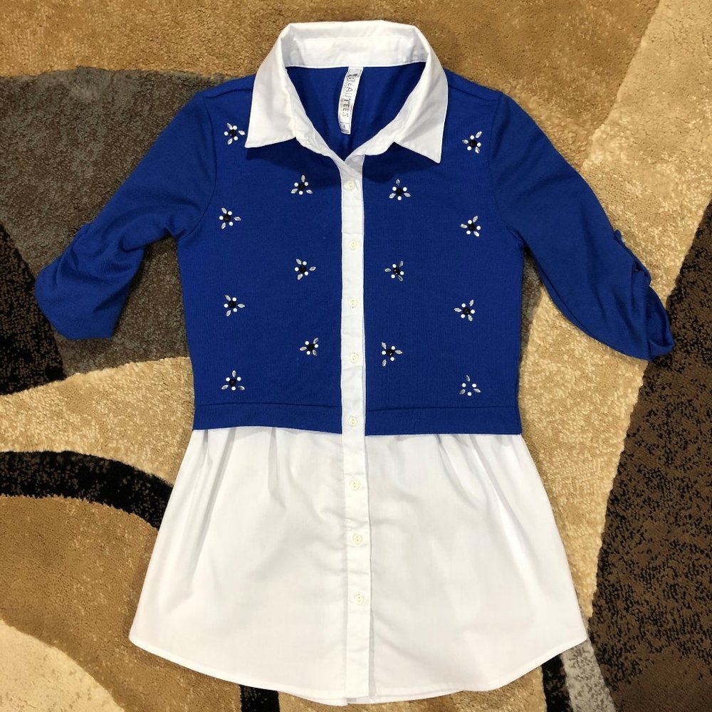 Girls Beautees Blue & White bedazzled Shirt, Small